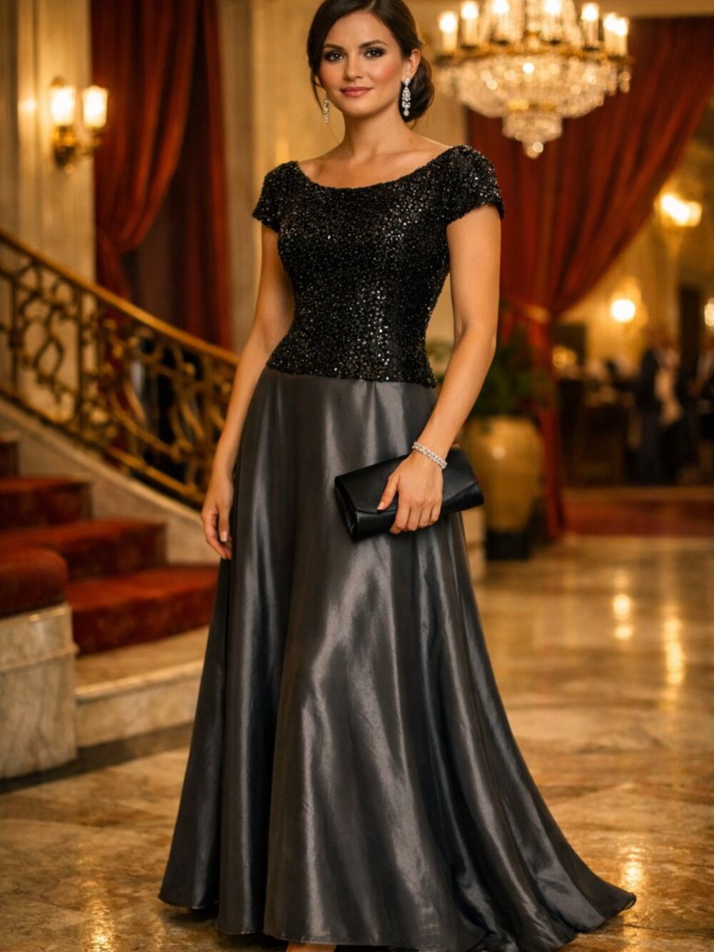 JS Collections Metallic Black and Satiny Gray Performance Concert Prom Gown 12